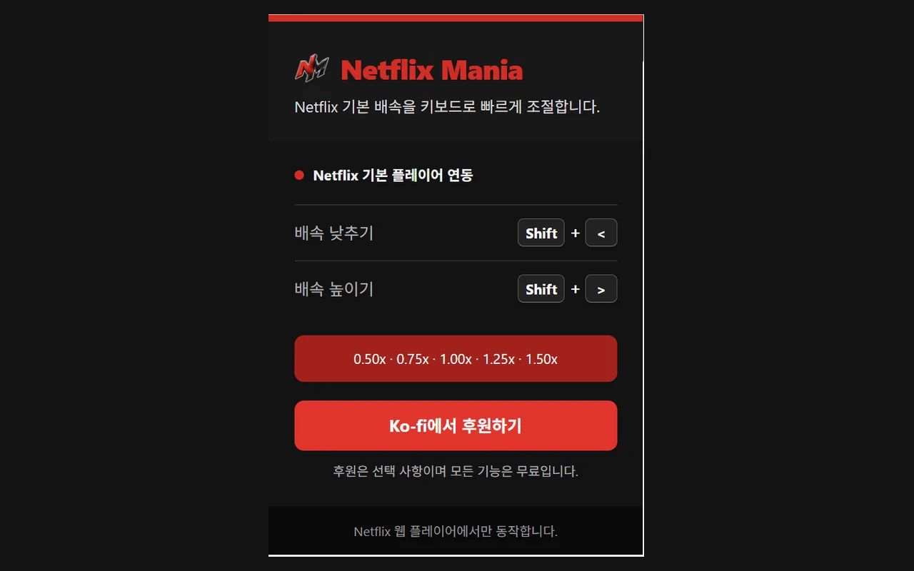 The Netflix Mania popup showing playback-speed shortcuts over a Netflix screen